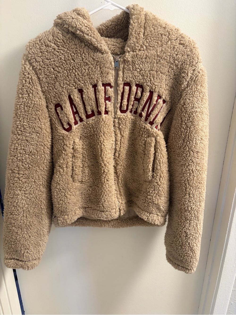 Reflex Beige Sherpa Hoodie Jacket with 'CALIFORNIA' Script